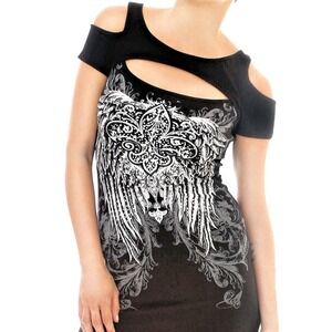 Vtg Y2K Folter Cutout Top Tattoo Style Wings Fleur Beaded Small Made in USA READ